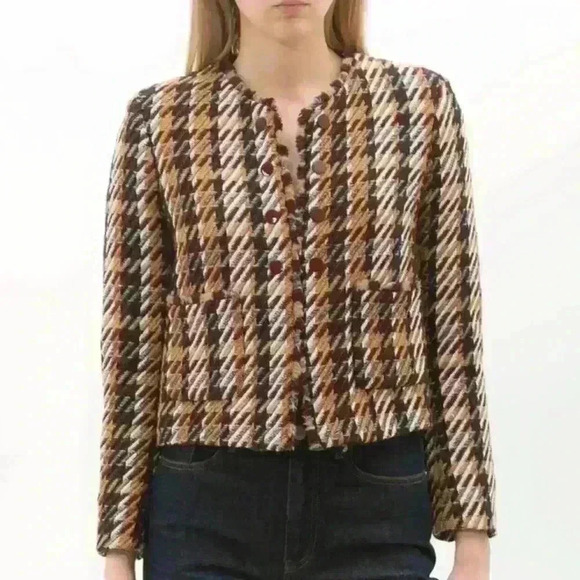 Sandro Jackets & Blazers - Sandro Paris Tweed Wool-Blend Cropped Houndstooth Marianne Jacket